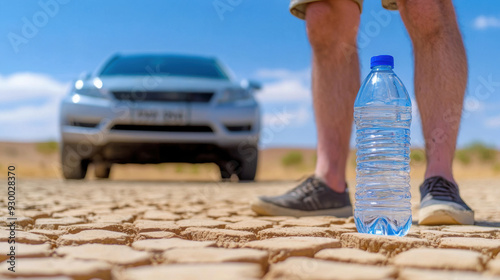 A man standing on a dirt road with water bottle in hand, AI