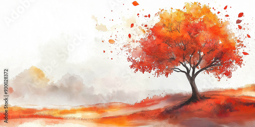 Beautiful autumn landscape, tree with orange leaves that develop in the wind, painted in watercolor, hand drawing. Autumn landscape. Advertising banner.