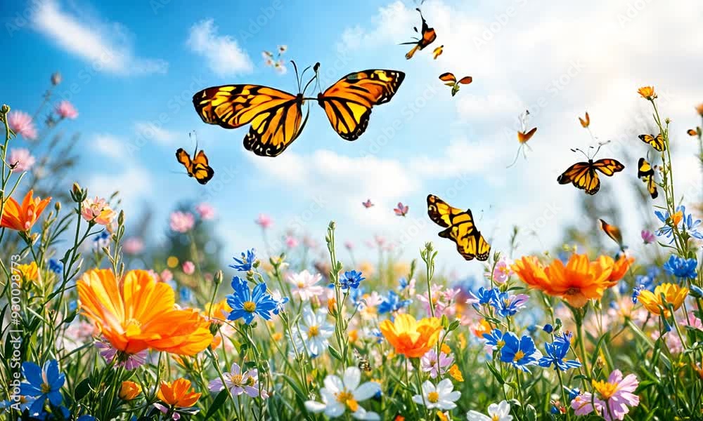 two butterflies flying over a field of flowers