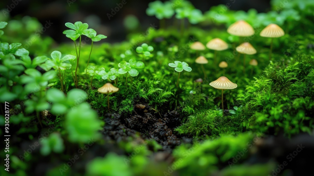 A close-up of vibrant green moss, small mushrooms, and rich soil on a forest floor, emphasizing the intricate details of nature. A close-up of vibrant green moss, small mushrooms, and rich soil on a forest floor, emphasizing the intricate details of nature.