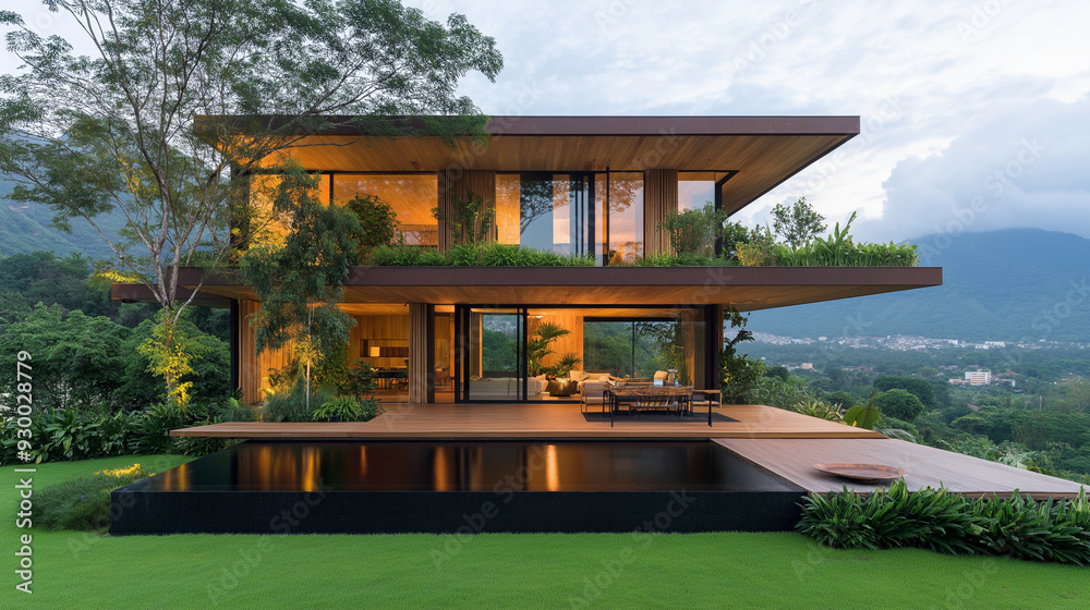 A modern house built entirely from bamboo, showcasing its natural beauty and structural strength. A modern house built entirely from bamboo, showcasing its natural beauty and structural strength.