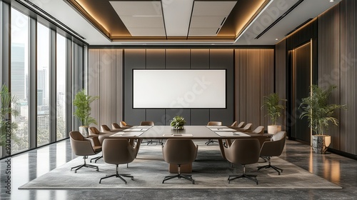 Modern conference room with elegant design, featuring a large table and comfortable chairs, perfect for meetings and presentations.