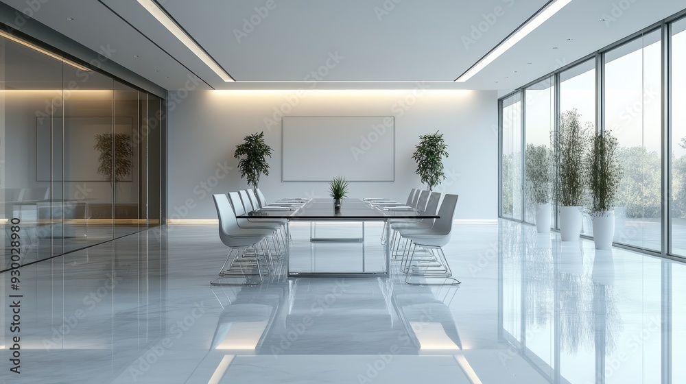 Fototapeta premium Modern conference room with elegant furniture, large windows, and natural light, perfect for business meetings and presentations.