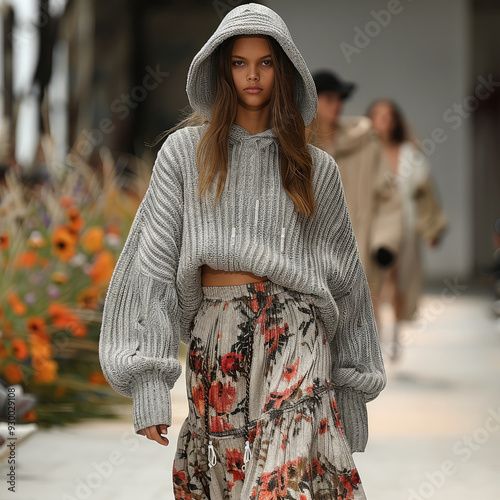 Fashion show, floral grey hoodie, floral grey knitted long skirt, lazy, sporty. model. Generative AI. photo