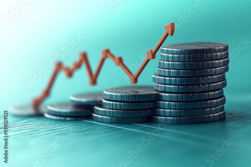 A graph with ascending lines, isolated on a pastel mint background, representing an uptrend in stock prices, photo