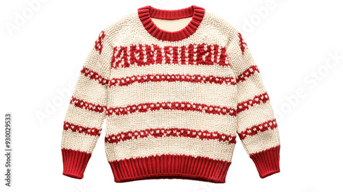 A children's Christmas sweater with red patterns, in a cream and red color scheme isolated on a transparent background