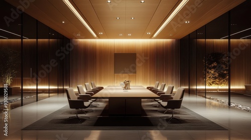 Modern conference room with elegant lighting and minimalist design, suitable for meetings and presentations in a corporate environment.