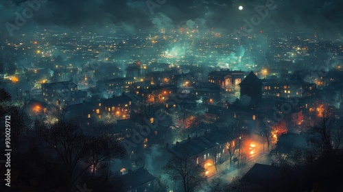 A dense urban scene at night, with a sky filled with lights from countless houses and cars, creating a surreal, dream-like ambiance.