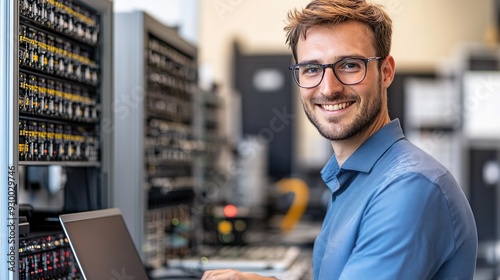 Smiling IT Engineer Working on High-Performance Servers in Data Center 