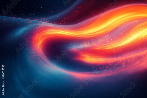 Abstract fluid patterns in cyan and red, with light trails curving gracefully across the composition,