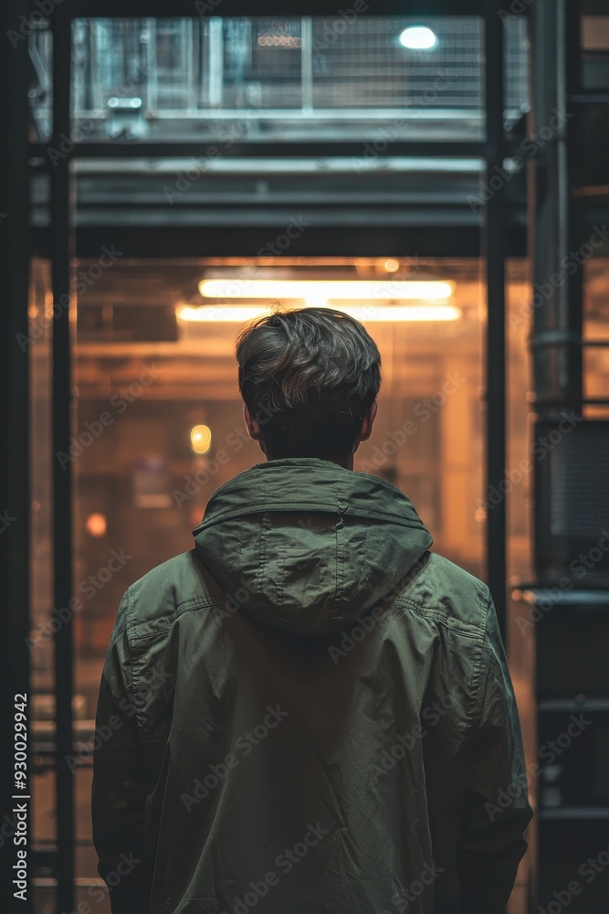 Naklejka premium A person in a green jacket is standing against a plain white wall