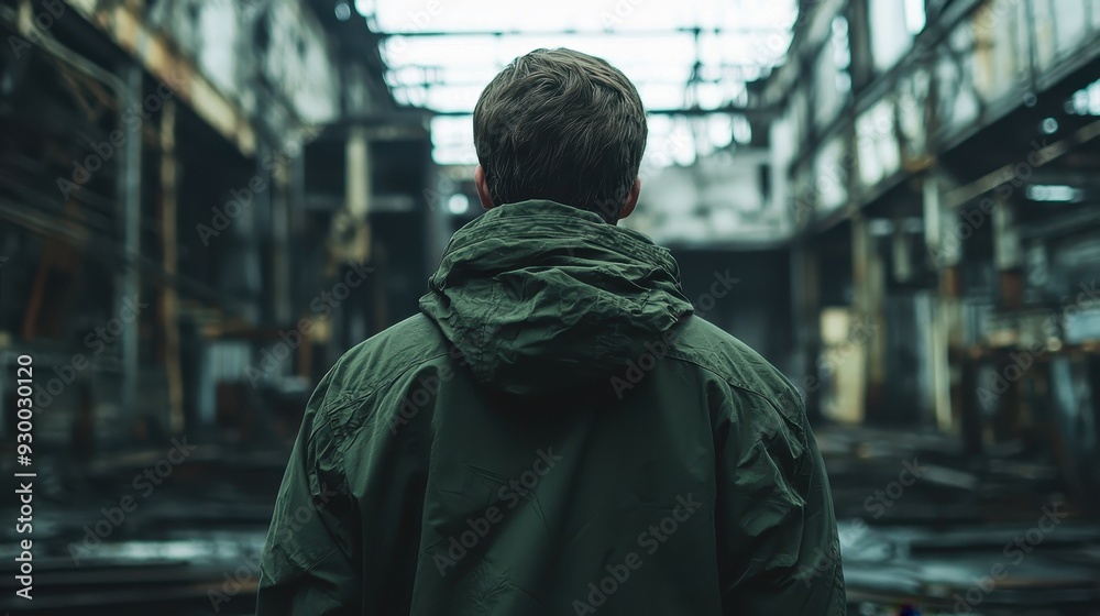 A person in a green jacket is standing against a plain white wall A person in a green jacket is standing against a plain white wall