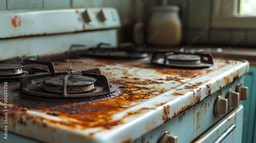 A Rusty, Worn Stovetop in a Kitchen, Showcasing Years of Use and Deterioration, in Stark Contrast to the Concept of a Clean Cooking Area. A Rusty, Worn Stovetop in a Kitchen, Showcasing Years of Use and Deterioration, in Stark Contrast to the Concept of a Clean Cooking Area.