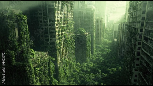 A dystopian vision of a city overtaken by nature, where the remnants of human civilization are hidden beneath dense vegetation.