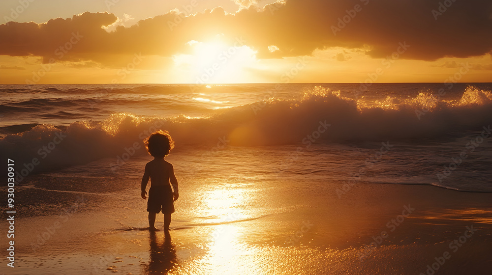 A small child stands at the edge of a beach, gazing at the ocean waves during a golden sunset, evoking a sense of wonder and tranquility. A small child stands at the edge of a beach, gazing at the ocean waves during a golden sunset, evoking a sense of wonder and tranquility.