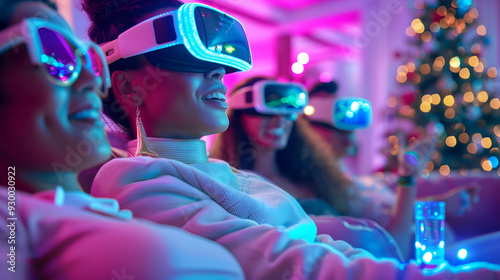Women Friends at Tech Christmas, New Year Party Enjoying VR Experience, Immersive Virtual Reality with Headsets, Futuristic Gaming and Entertainment in a Neon 90s Vibe Atmosphere.