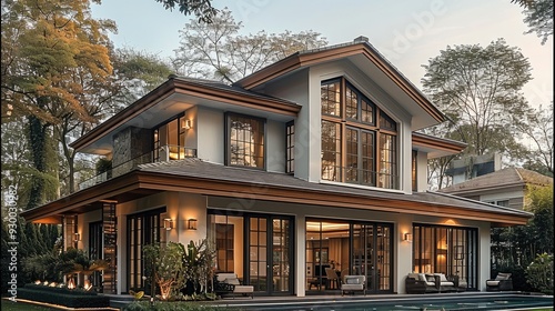 A two-story house  featuring a multi-pitched roof with several slopes and ridges  with large windows allowing natural light to flow in. light and neutral tones. Generative AI.