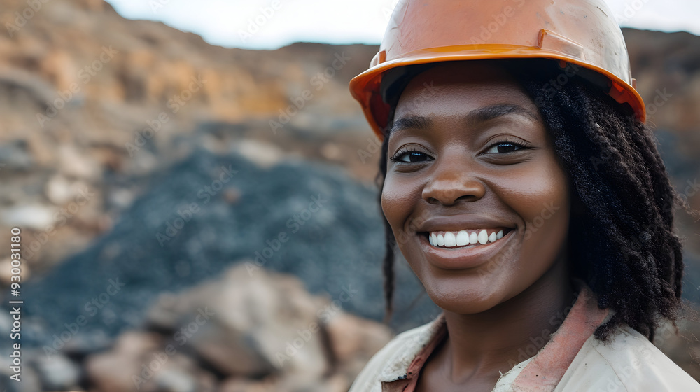 A smiling African-American woman is a miner in a hard hat, a worker in the coal mining industry. A smiling African-American woman is a miner in a hard hat, a worker in the coal mining industry.