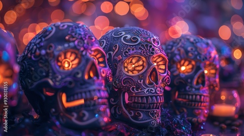 Decorative Halloween skull with glowing eyes and bokeh lights, eerie night scene