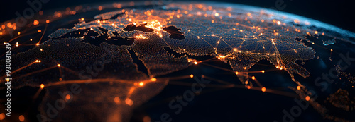A stunning visualization of a global network connection with illuminated lines and nodes representing data exchange across continents, highlighting the interconnected world of modern technology.