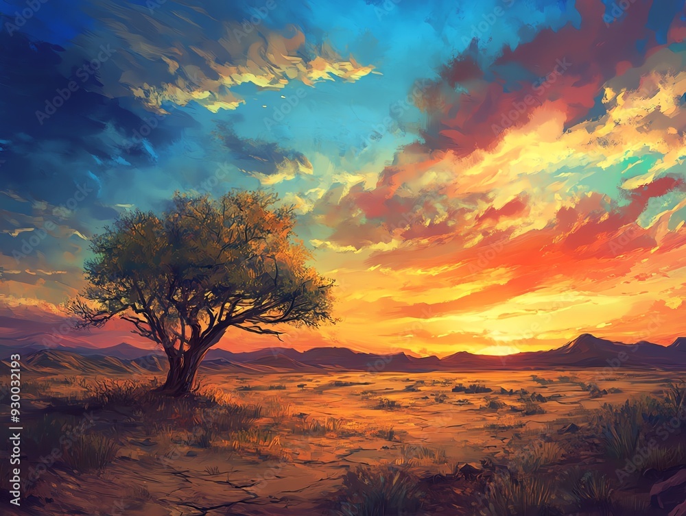 Illustrate a vast, empty desert landscape under a dramatic evening sky, capturing the solitude and stillness Illustrate a vast, empty desert landscape under a dramatic evening sky, capturing the solitude and stillness