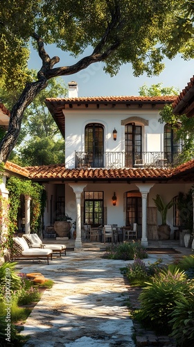 A beautiful,  Spanish-style home with a lush garden and a peaceful patio.