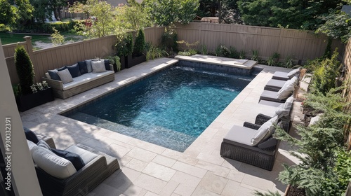 A luxurious backyard setting, complete with a shimmering pool and stylish patio furniture, perfect for unwinding in the summer.