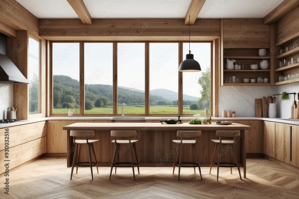 Modern kitchen with wooden cabinets and a view of green fields Modern kitchen with wooden cabinets and a view of green fields