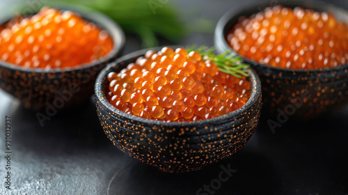 Glossy orange salmon roe in black bowls, garnished with dill, arranged closely to highlight their vibrant color and texture. photo