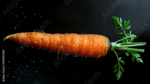 Orange carrot with green leaves and water droplets floating mid-air, showcasing its freshness and vibrant color against a dark background. photo