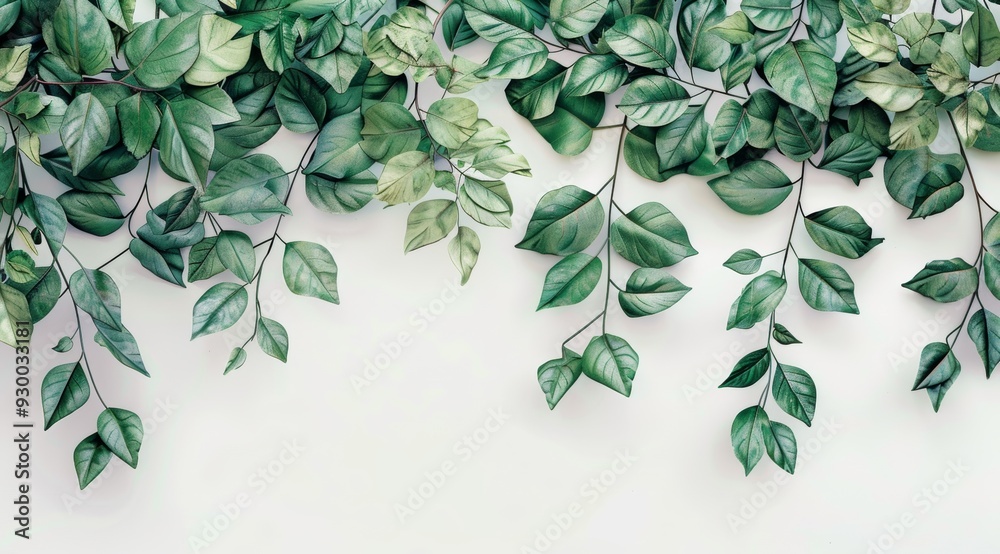 Close-up of green leaves cascading against a light background, creating a lush Close-up of green leaves cascading against a light background, creating a lush
