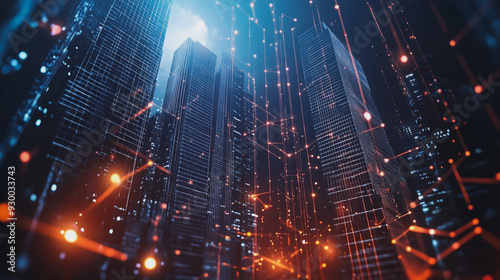 Smart digital city with connection network reciprocity over the cityscape . Concept of future smart wireless digital city and social media networking systems that connects people within the city