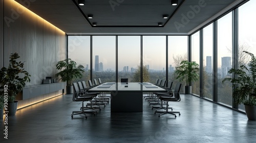Modern conference room with large windows, greenery, and sleek design, offering a panoramic city view and vibrant business atmosphere.