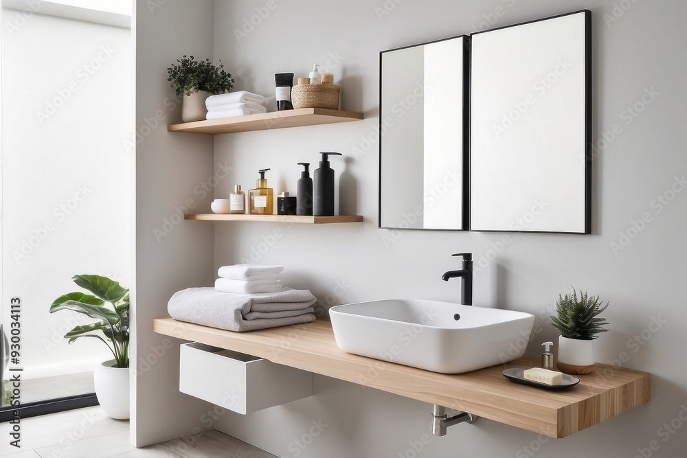 Modern Bathroom with Floating Shelves, a Sink, and Plants Modern Bathroom with Floating Shelves, a Sink, and Plants