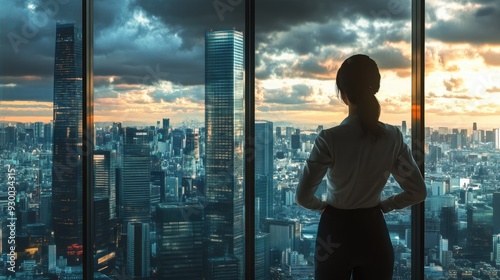 A professional woman in a high-rise office, looking out at the cityscape, contemplating business growth and urban life below.