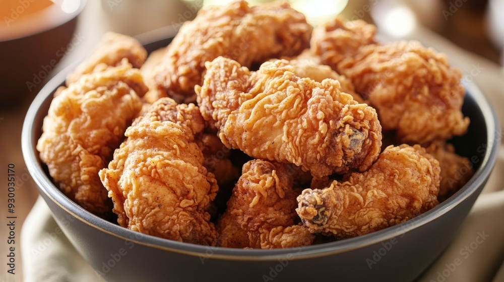 A large bowl of crispy fried chicken pieces, perfect for sharing at a party. A large bowl of crispy fried chicken pieces, perfect for sharing at a party.