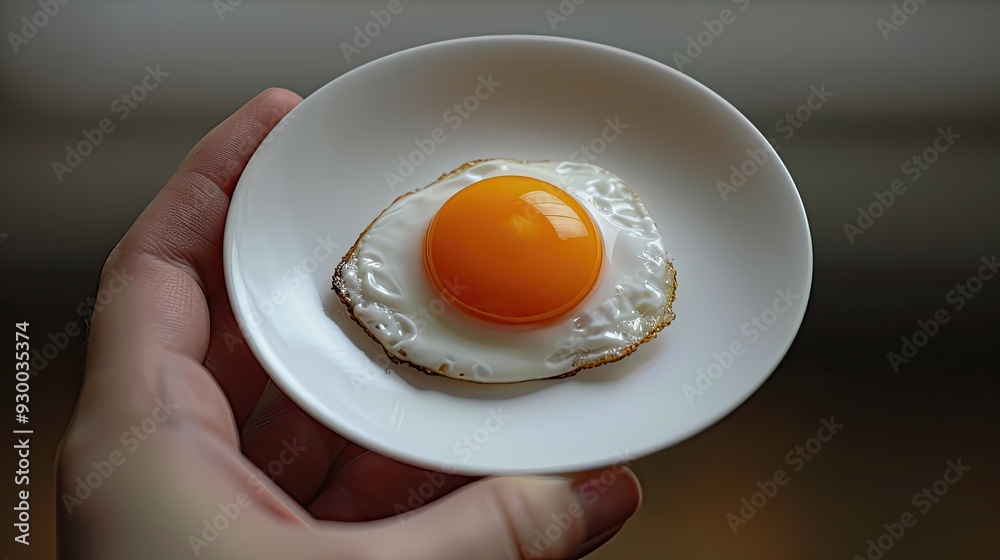 A hand holding a plate with a fried egg on it A hand holding a plate with a fried egg on it