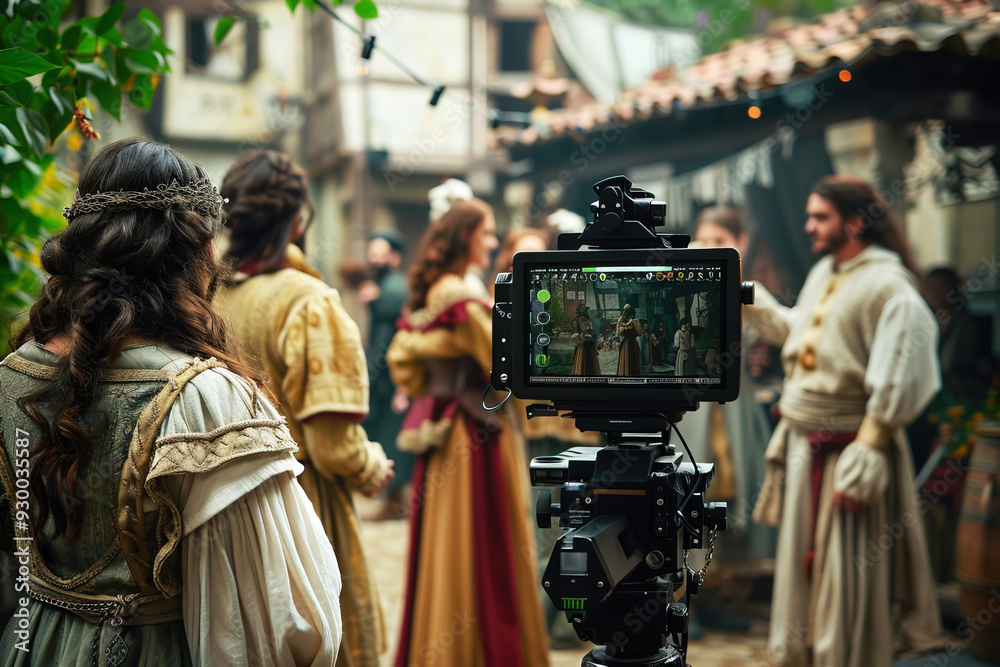 Obraz premium Film studio, filming, cameras, camera work, actors playing in medieval costumes.