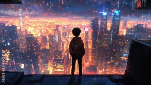 A teenager stands on a rooftop, gazing out at a glowing cityscape at dusk, lost in thought and future possibilities.