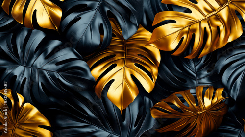 A beautiful background with gold foil tropical leaves. Exotic luxury greeting invitational card. photo