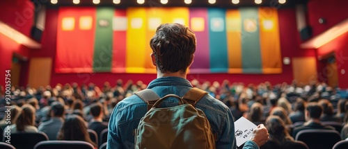  a professor teach to new students in a university auditorium 