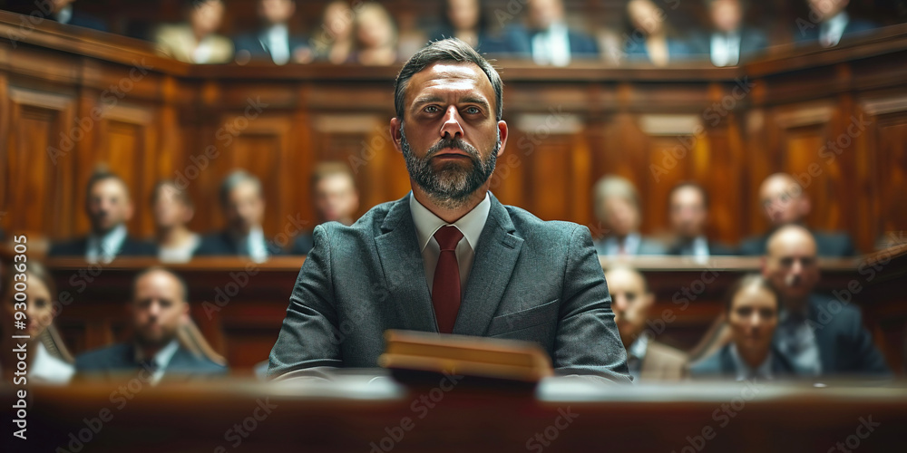 Fototapeta premium Lawyer with prosecutor in trial, courtroom of justice. Legal prosecution and defense session with jury and judges.