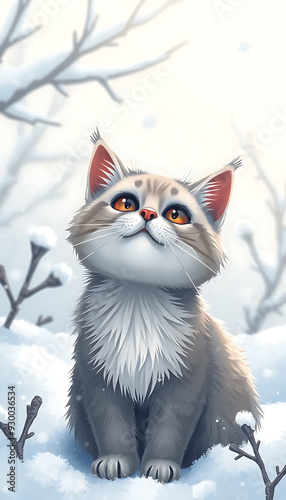 Fluffy Gray Kitten Sitting in the Snow Looking Up with Wonder - Winter-Themed Digital Illustration