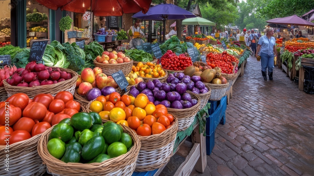 A market with baskets of fresh produce on display in a city street, AI A market with baskets of fresh produce on display in a city street, AI