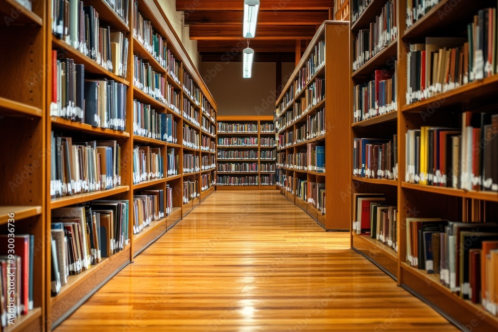 Bookshelves in a Quiet Library With Wooden Floors and Rows of Books Under Soft Lighting Bookshelves in a Quiet Library With Wooden Floors and Rows of Books Under Soft Lighting