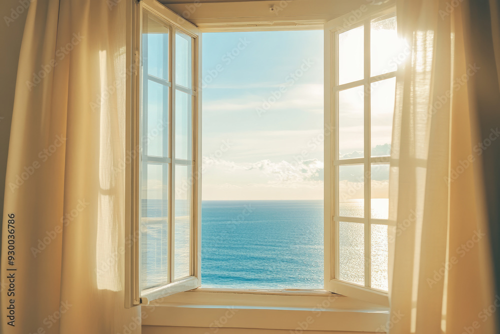 Fototapeta premium Sunlight Streaming Through an Open Window with Curtains