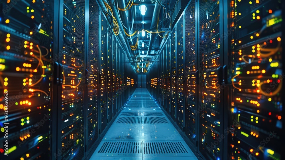 A network server room filled with rows of servers and intricate cable management glowing in dim light. Generative AI.