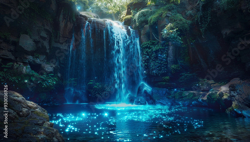 A magical waterfall that cascades into a pool of luminescent water