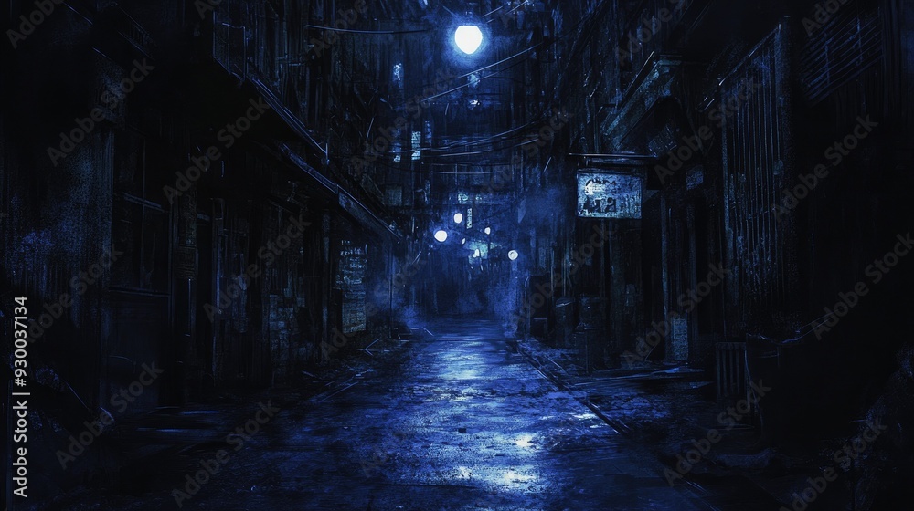 An eerie dark street at night, with only a few scattered lights, deep shadows, and a sense of solitude in the empty urban space. An eerie dark street at night, with only a few scattered lights, deep shadows, and a sense of solitude in the empty urban space.