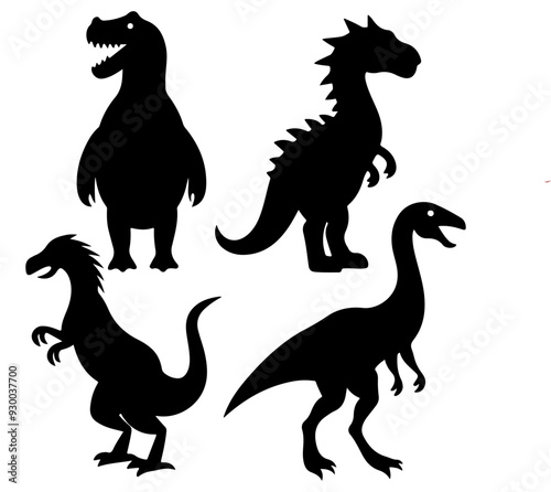 Collection of dinosaur silhouettes, T-Rex Tyrannosaurus vector illustration, and raptor dinosaur icon set.